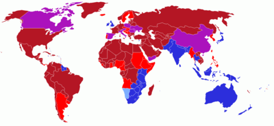 Map of the world showing the driving directions for all countries and any changes that have occurred, beginning with Finland's change in 1858&nbsp;&nbsp;&nbsp;&nbsp;&nbsp;drives on right&nbsp;&nbsp;&nbsp;&nbsp;&nbsp;drove on left, now drives on right&nbsp;&nbsp;&nbsp;&nbsp;&nbsp;drives on left&nbsp;&nbsp;&nbsp;&nbsp;&nbsp;drove on right, now drives on left&nbsp;&nbsp;&nbsp;&nbsp;&nbsp;had different rules of the road within borders, now drives on right
