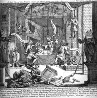 An early print by William Hogarth entitled A Just View of the British Stage from 1724, depicting Robert Wilks, Colley Cibber, and Barton Booth rehearsing a pantomime play with puppets enacting a prison break down a privy, combining the popular plays Dr Faustus and Harlequin Sheppard with the fictional Scaramouch Jack Hall, based on the escape of a felon from Newgate. The "play" is comprised of nothing but special effects, and the scripts for Hamlet, inter al., are toilet paper.