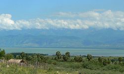 South shore of Lake Enriquillo, looking northward to the Sierra de Neiba.