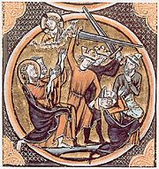 Jews (identifiable by the distinctive hats that they were required to wear) being killed by Christian knights. French Bible illustration from 1255.