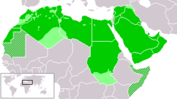 Map of the Arab League states in dark green with non-Arabic speaking areas in light green and Somalia and Djibouti in striped green due to their Arab League membership but non-Arabic speaking population
