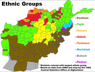 Ethnic groups of Afghanistan (percentages are from Encyclopædia Iranica and CIA World Factbook) 39.4% to 42% Pashtun 27% to 33.7% Tajik 8.0% to 9% Hazara 8.0% to 9% Uzbek 3.2% to 4% Aimak 3% Turkmen 1.6% to 4% Baloch 4% to 9.2% other (Pashai, Nuristani, Brahui, Hindkowans, Hindustani, etc.)