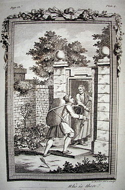 Christian enters the Wicket Gate, opened by Goodwill. Engraving from a 1778 edition printed in England.