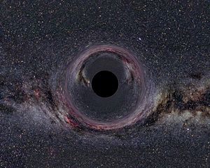 A simulated black hole of ten solar masses as seen from a distance of 600 kilometers with the Milky Way in the background.