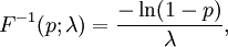 F^{-1}(p;\lambda) = \frac{-\ln(1-p)}{\lambda}, \!