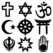 Symbols of some of the more common religions.Top to bottom, left to right: Row 1. Christian, Jewish, Hindu Row 2. Muslim, Buddhist, Shintoist Row 3. Sikh, Baha'i, Jain.