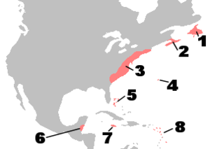 British colonies in North America, c. 1750. 1: Newfoundland; 2: Nova Scotia; 3: The Thirteen Colonies; 4: Bermuda; 5: Bahamas; 6: Belize; 7: Jamaica; 8: Lesser Antilles