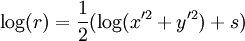 \,\log(r) = \frac12(\log(x'^2 + y'^2) + s)