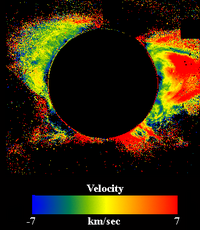 A picture of the solar corona taken with the LASCO C1 coronagraph. The picture is a color coded image of the doppler shift of the FeXIV 5308 &Aring; line, caused by the coronal plasma velocity towards or away from the satellite.