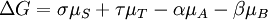 \Delta G = \sigma \mu_{S} + \tau \mu_{T} - \alpha \mu_{A} - \beta \mu_{B} \,