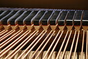 Interior of an upright piano, showing the felt-covered hammers. The tuning pins can be seen at upper left. In the treble range shown, each note has three strings.