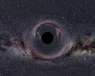 Simulated view of a black hole in front of the Milky Way. The hole has 10 solar masses and is viewed from a distance of 600 km. An acceleration of about 400 million g is necessary to sustain this distance constantly.