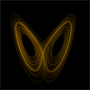 A plot of the Lorenz attractor for values r = 28, σ = 10, b = 8/3
