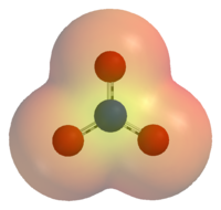 An electrostatic potential map of the nitrate ion (NO3−). Areas coloured red are lower in energy than areas colored yellow