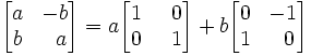 \begin{bmatrix}
a & -b \\
b & \;\; a
\end{bmatrix}
=
a \begin{bmatrix}
1 & \;\; 0 \\
0 & \;\; 1
\end{bmatrix}
+
b \begin{bmatrix}
0 & -1 \\
1 & \;\; 0
\end{bmatrix}