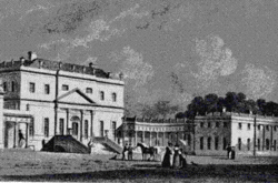 Irish Palladianism: Russborough, Ireland in 1826. Designed by the German Richard Cassels circa 1750, it is closer in design to Palladio's concepts than similar Palladian style houses in England, such as Woburn Abbey.