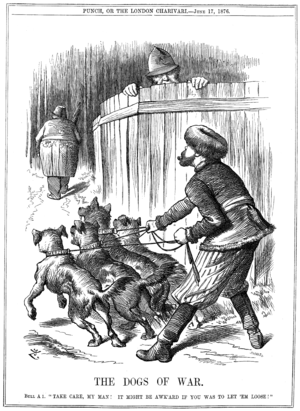 Punch cartoon from June 17. Russia preparing to let slip the Balkan "Dogs of War" to attack Turkey, while policeman John Bull (Britain) warns Russia to take care. The Balkans would attack Turkey two weeks later.