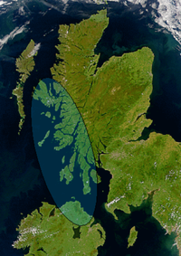 Satellite image of northern Britain and  Ireland showing the approximate area of D&aacute;l Riata (shaded). The mountainous spine which separates the east and west coasts of Scotland can be seen.