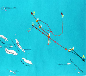 Map of the Battle of the Santa Cruz Islands, October 26, 1942. Red lines are Japanese warship forces and black lines are U.S. carrier forces. Numbered yellow dots represent significant actions in the battle.