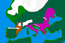 Europe about 20,000 years ago, showing coastline, extent of Ice caps and regions where refugia are thought to have been situated. Coloured areas are the furthest extent of known human activity between 15 kya and 20 kya. Solutrean and Proto Solutrean Cultures Epi Gravettian Culture