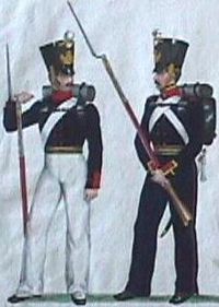 Drawing of Swedish soldiers belonging to the "new" allotment system and wearing uniforms of the 1830s.