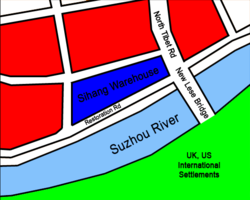 Map of the area around the warehouseBlue: Garrisoned by NRA troops Red: Controlled by IJA troops Green: Foreign concessions