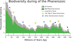 Total Phanerozoic biodiversity during the same interval. Note that this is a result of changes in both the rate of extinctions and the rate of new originations. The Dresbachian extinction event in particular is obscured by nearly immediate replacement with new genera.