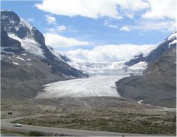 The Athabasca Glacier in the Columbia Icefield of the Canadian Rockies, has retreated 1,500 m in the last century. Also recent animation.