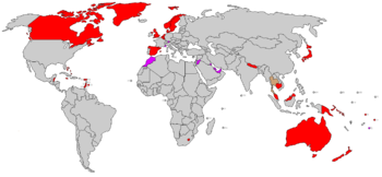 Constitutional monarchies with representative parliamentary systems are shown in red. Other constitutional monarchies (shown in violet) have monarchs who continue to exercise political influence, albeit within certain legal restrictions. Constitutional monarchies in beige (currently only one nation, Thailand) are constitutional monarchies in which the constitution has been suspended.