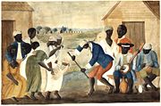 In the late 18th-century painting The Old Plantation, African-Americans dance to banjo and percussion.