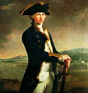 Captain Horatio Nelson, painted by John Francis Rigaud in 1781, with Fort San Juan - the scene of his most notable achievement to date - in the background. The painting itself was begun prior to the battle when Nelson was a lieutenant and nearly finished; when Nelson returned, the artist added the new captain's gold-braided sleeves.