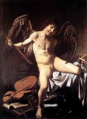 Amor Vincit Omnia. 1602 - 1603. Oil on canvas. 156 x 113 cm. Gem&auml;ldegalerie, Berlin. Caravaggio shows Cupid prevailing over all human endeavors: war, music, science, government.
