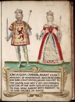 Máel Coluim and Margaret as depicted in a 16th century armorial. Note the coats of arms both bear on their clothing - Malcolm wears the Lion of Scotland, which historically was not used until the time of his great-grandson William the Lion; Margaret wears the supposed arms of Edward the Confessor, her grand-uncle, although the arms were in fact concocted in the later Middle Ages.