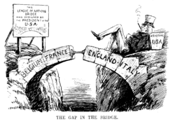 The Gap in the Bridge the sign reads "This League of Nations Bridge was designed by the President of the U.S.A" Cartoon from Punch magazine, December 10 1920, satirising the gap left by the U.S.A when they did not join the League of Nations.