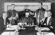 The signing of the Reichskonkordat on July 20, 1933 in Rome. From left to right: German Vice-Chancellor Franz von Papen, Giuseppe Cardinal Pizzardo, Cardinal Secretary of State Pacelli, Alfredo Cardinal Ottaviani, and German ambassador Rudolf Buttmann