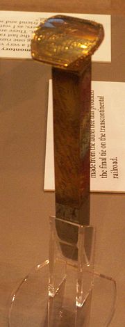 Gold-plated Golden Spike that was donated by the governor of Arizona Territory. It is one of four ceremonial spikes driven at the completion (but is not the final Golden Spike).