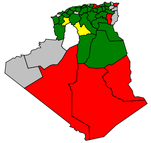 FIS majority 50% FIS non-FIS majority Undecided No data availableIn the above provincial seat allocation results of the 1991 elections, the FIS attained majorities in most of Algeria's populated areas.