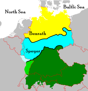 High German subdivides into Upper German (green) and Central German (blue), and is distinguished from Low German (yellow). The main isoglosses, the Benrath and Speyer lines, are marked in black.