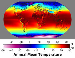 Annual average surface temperatures from 1961–1990. This is an example of how climate varies with location.