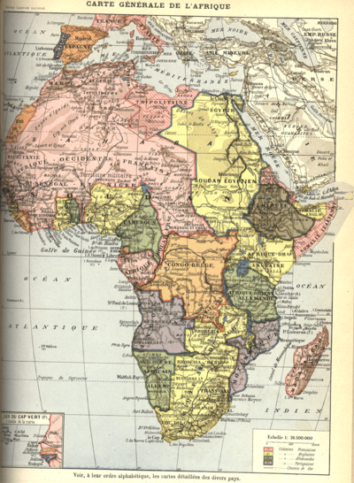 French map of Africa c. 1898 with colonial claims. British possessions are in yellow; French possessions in pink; Belgian in orange; German in green; Portuguese in purple; independent Ethiopia in brown