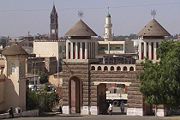 Enda Mariam Orthodox Church, Roman Catholic Cathedral, Al Khulafa Al Rashiudin Mosque (in the foreground, rear left, and rear right respectively) in the capital Asmara.
