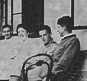 Hochreit 1920. Wittgenstein is seated between his sister Helene Salzer and his friend, Arvid Sj&ouml;gren.