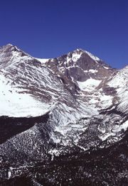 Snowpack accumulation at 14,255 ft (4,345 m). on Longs Peak in Rocky Mountain National Park (photo courtesy of USDA).