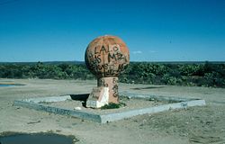 Vandalized monument marking the Tropic of Cancer northeast of Villa de Cos, Zacatecas, Mexico.