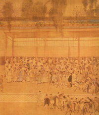 Candidates who had taken the civil service examinations would crowd around the wall where the results were posted; detail from a handscroll in ink and color on silk, by Qiu Ying (1494–1552).
