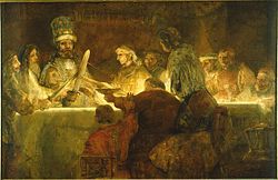 The Conspiracy of Julius Civilis, completed in 1661 by Rembrandt, the best-known painter of the Dutch Golden Age. It depicts a Batavian oath to Gaius Julius Civilis, the head of the Batavian rebellion against the Romans in 69. It was to be hung in the city hall of Amsterdam, as a display of heroism analogous to that of the recent Eighty Years' War, that had led to independence from Spain. However, it was rejected because Rembrandt did not paint the figures as idealisations, but as real people.