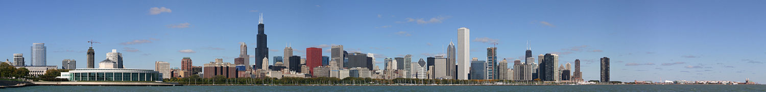 A panoramic view of the Chicago Skyline stretching from Shedd Aquarium to Navy Pier taken from Adler Planetarium..