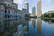 The headquarters of the Church of Christ, Scientist in the Back Bay are dominated by a reflecting pool. The tall buildings in the background are the Prudential Tower and 111 Huntington Avenue.