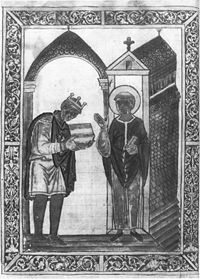 A page from a copy of Bede's Lives of St. Cuthbert, showing King Athelstan presenting the work to the saint. This manuscript was given to St. Cuthbert's shrine in 934.