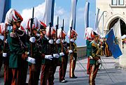 The Guard of the Rock in dress uniform during the investiture of the new Captains Regent in the Piazza della Libertà.